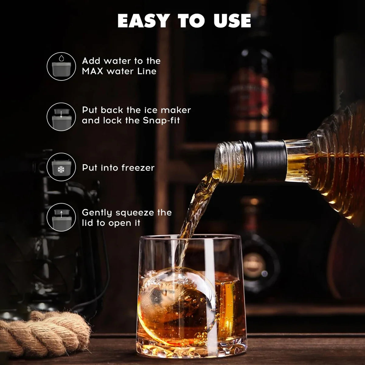Clear Ice Cube Maker Ice Tray 4 Large Balls Bartender-Quality Ice Mold Easy-to-Remove Sphere Silicone Mold Kitchen Gadgets
